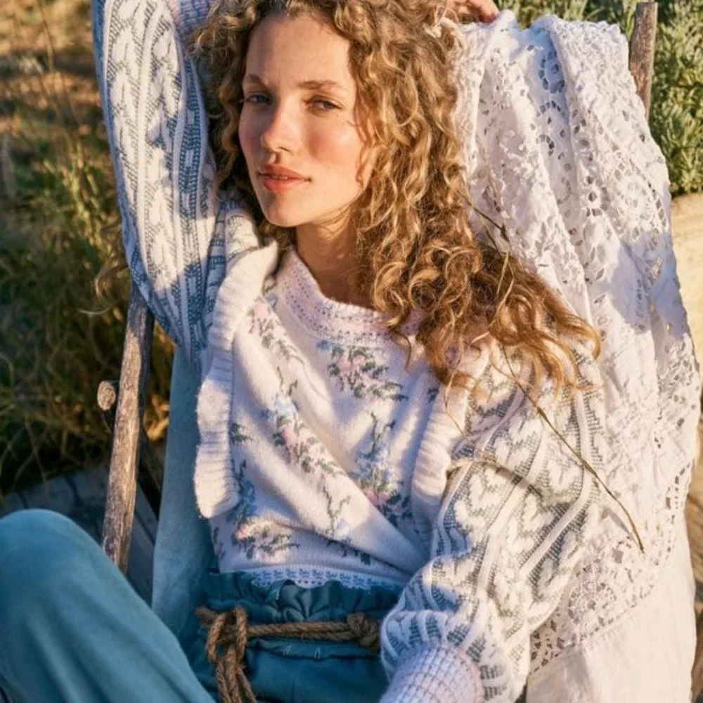 Loveshackfancy Warwick knit sweater floral ruffle hearts XS - Picture 7 of 17